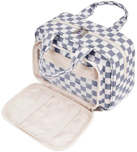 Kulturtasche Damen Gross & Kosmetiktasche Groß, Waschtasche Damen Make up Tasche für Herren & Volle Größe Kulturbeutel für Kinder (Graublaues Schachbrett)