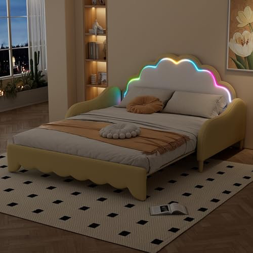 Polsterbett mit Ausziehbett 140x200 cm, Ausziehbares Schlafsofa Tagesbett mit LED Beleuchtung und Lattenrost, Gästebett Daybett Kinderbett Sofabett Jugendbett Bettgestell, PU, Ohne Matratze, Gelb