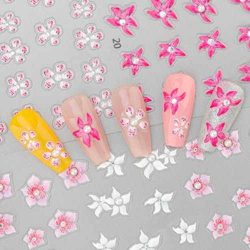 EBANKU Fleur Stickers Ongles, 2 Feuilles Nail Art Autocollants Ongles Autoadhésif 5D Fleur de Printemps d'été Design Rose Blanc Nail Art Stickers pour Bricolage Autocollant à Ongles