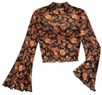 GORGLITTER Women's Floral Mock Neck Bell Long Sleeve Crop Top Lettuce Trim Slim Fit Shirts Orange L