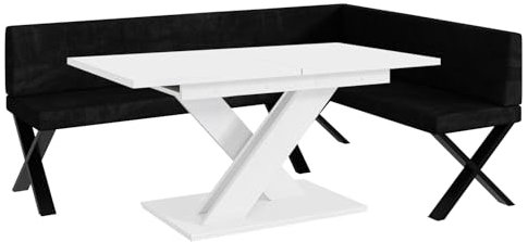 MEBLINI Eckbank für Esszimmer mit ausziehbarem Tisch - Küchenbank - Essecke - Sitzecke Küche - Peter - X-Beine 142x196x87cm Rechts - Schwarz Samt/B Weiß Matt