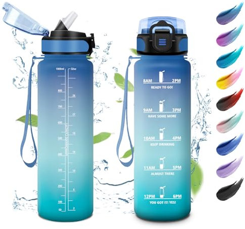 Borraccia Sportiva 1L, Bottiglia Acqua con Indicatore del Tempo, Borraccia Motivazionale con Cannuccia, a Prova di Perdite, Facile Pulizia, Borraccia Palestra per Ufficio, Yoga, Ciclismo, Scuola