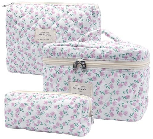 Lot de 3 Trousses de Toilette pour Femme avec Motif Floral - Trousse de Maquillage Portable - Grande Trousse de Toilette pour Femme et Fille - pour Le Quotidien et Les Voyages (Fleurs Violettes)