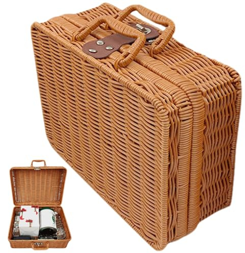 Kleiner Picknickkorb mit Deckel 22,1 x 16 x 9,9 cm Miniaturkorb aus Rattan-Weberei Retro-Tragetasche aus Kunststoff mit Griff Aufbewahrungskorb Weide mit Lederriemenverschluss