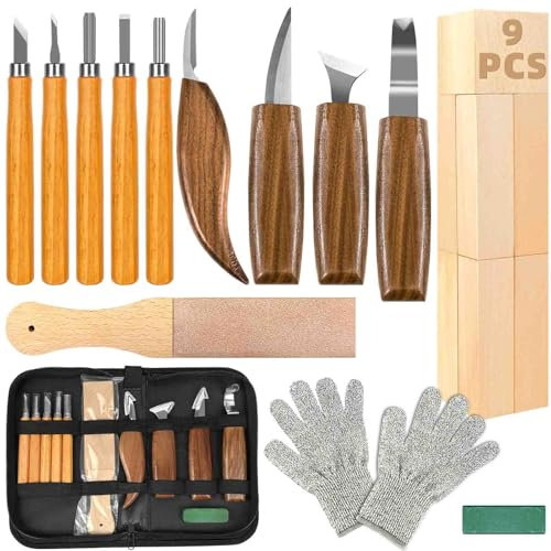 K KERNOWO Juego de herramientas para carpintería, kit de 23 piezas para principiantes, incluyendo bloques de tilo, bloque de troces, compuesto de pulido y bolsa de poliuretano