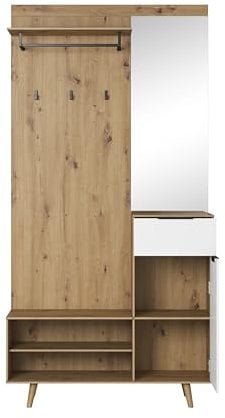 VIVALDI Flur Schrank Nordic B Eiche Artisan/Weiß - 100cm breit - Schuhschrank mit Kleiderhaken für Garderobe - Holz Wandgarderobe mit Hakenleiste - mit Spiegel