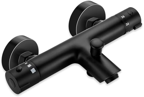 ZYNUHMO Badewannenarmatur mit Thermostat,2 Auslässen Duscharmatur für Dusche und Badewanne,Thermostat Mischbatterie Dusche mit 38 °C Sicherheitssperre,Wandmontage,Schwarz