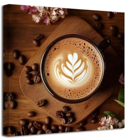 LZIMU Kaffee Leinwandbilder für die Küche Kaffeetasse und Bohnen Gemälde Drucke Vintage Poster für Esszimmer Café Bar Dekor Gerahmt (Braun, (30L x 30B cm))