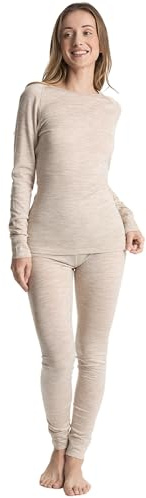 woolcano Women's 100% Merino Wool Base Layer Sets Lightweight Active Base Layer for Ski Oatmeal Medium