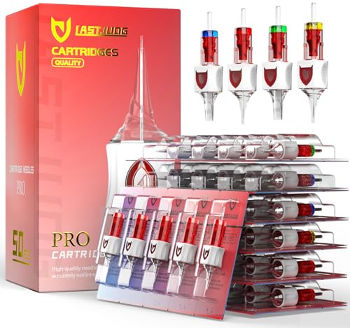 Professional Tattoo Cartridges Needles 50-Pack, Assorted Sizes Round Liner Shader Magnum, 3RL/5RL/7RL/9RL/7RM/9RM/11RM/7M1(#10), 5RS/9RS(#12), Disposable Needles with Finger Ledge, Universal Fit