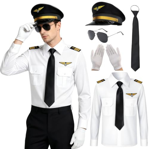 Boyigog Pilot Costume Adults Captain Uniform Pilot Shirt Fancy Dress Accessories with Hat Sunglasses Tie Gloves, Halloween Carnival Cosplay Captain Outfit Theme Party