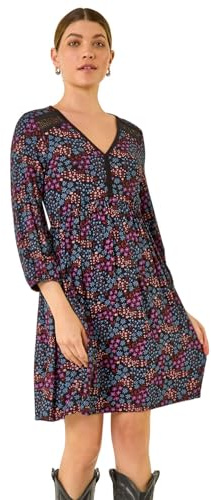 Roman Stretch Jersey Dress for Women UK Ladies Gathered Waist A Line Swing Skater Fit & Flare A Line Winter Autumn Knee Length V-Neck Casual Smart Cocktail Party - Purple - Size 14