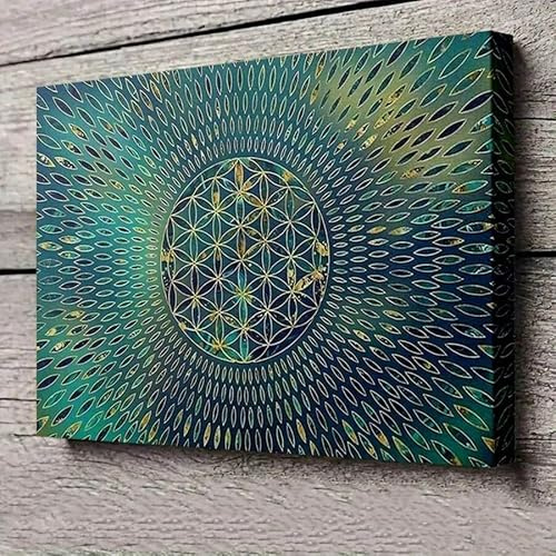XINBAO Blume des Lebens Mandala-Wandkunst, geometrisches spirituelles Dekor, goldenes und blaugrünes Leinwandbild, Meditationsraum, Kunstwerk (60 x 90 cm/rahmenlos)