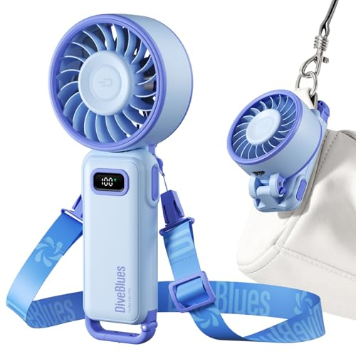Diveblues Ventilatore Portatile Pieghevole con Batteria - 100 Velocità Regolabili e fino a 12h di Autonomia - Potente ma Piccolo per Mano, Scrivania e Collo - Ideale per Viaggi, Spiaggia e Campeggio