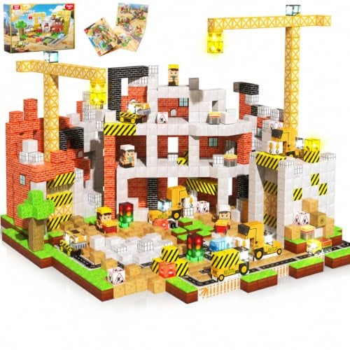 Goody King Magnetische Bausteine 200 Teile Baustellen-Set Kreative Baustadt | mit Fahrzeugen & Baustellenschild, Pädagogisches Magnetbausteine Konstruktionsspielzeug Geschenk für Kinder ab 4-12 Jahren