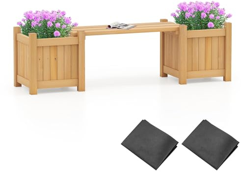 GOPLUS Bac à Plantes en Bois avec Banc Jardin, 2 Bacs Surélevés pour Jardin Extérieur avec Base Ouverte et Finition Huile Teck, Pots de Fleurs, Jardinière Balcon(Naturel,105x26,5x29,5CM|Banc)