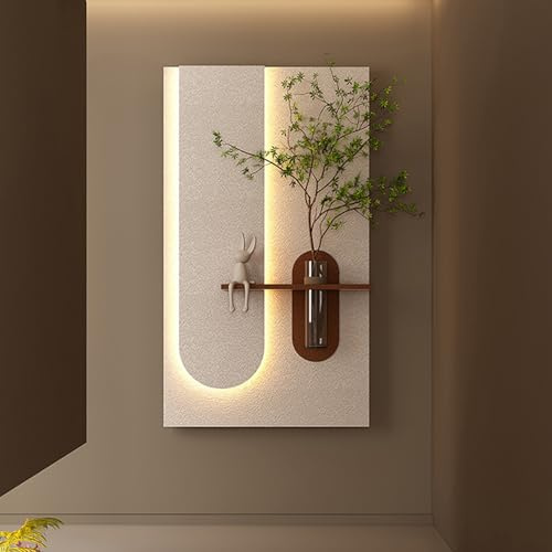 Décoration Murale rectangulaire 3D avec LED, Peinture créative en grès avec Vase et Plante Artificielle, fresque Murale en grès pour Salon/Chambre (Blanc, 40 x 70 cm / 15,7 x 27,6