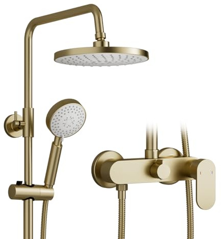 SWHC Colonne de Douche Murale, Colonne Douche Or Brossé, Ensemble de Douche avec Pomme de Douche Ronde 22.5 cm Pivotant à 360°, Douchette à Main 3 Modes et Barre Réglable en Hauteur
