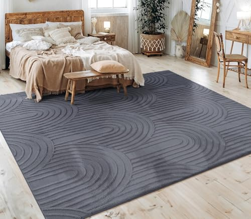KADIMA DESIGN Teppich Kurzflor waschbar Struktur Wohnzimmer schmutzabweisend Anthrazit Rechteckig 80x150 100% Polyester Florhöhe: 10 mm pflegeleicht