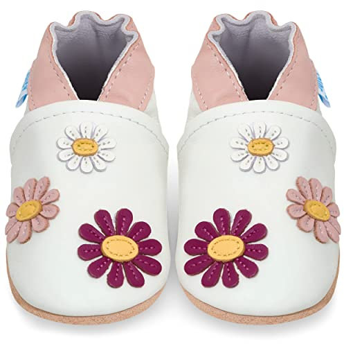 Juicy Bumbles - Weicher Leder Lauflernschuhe Krabbelschuhe Babyhausschuhe mit Wildledersohlen. Junge Mädchen Kleinkind- Gr. 6-12 Monate (Größe 20/21)- Gänseblümchen