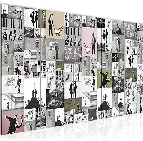 Runa Art Wandbild XXL Collage Banksy Loft Wohnzimmer 200 x 80 cm Grau 5 Teilig - Made in Germany - 302755b