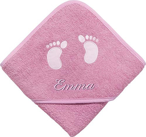 Erwin Müller Frottier Kinder-Kapuzenbadetuch mit Name - Kapuzenhandtuch inklusive Bestickung rosa Größe 80x80 cm - Badetuch für Baby - Fußabdruck - 100% Baumwolle