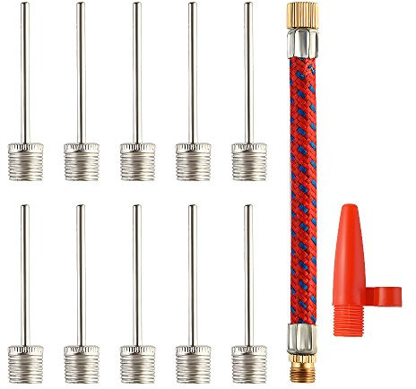 FEPITO 10 Pcs Ball Pump Needles with Flexible Air Hose and Nozzle Valve Adapter Set Kit for Football, Basketball, Volleyball, Rugby Balls