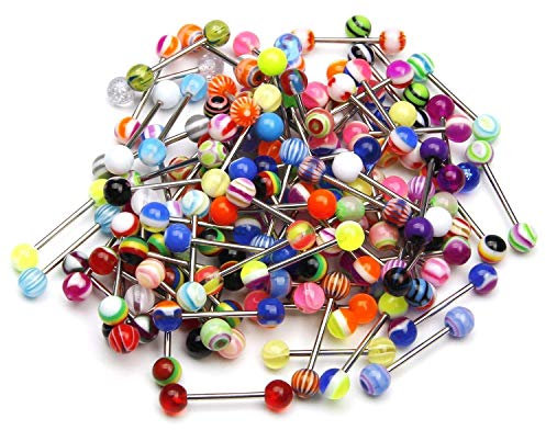 COITEK Zungenringe, Chirurgenstahl, Brustwarzen-Piercing, 14G 110 Stück, gerade Barbell-Piercing in verschiedenen Farben, Acrylkugel