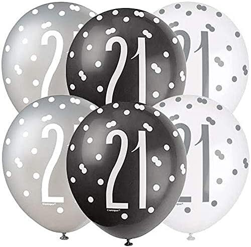 Latex-Luftballons zum 21. Geburtstag - 30 cm - Glitzer Schwarz & Silber Geburtstag - 6er-Packung