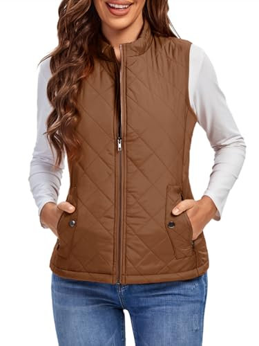 fuinloth Damen Weste, Herbst Leichte Steppweste Westen Ärmellos Jacke Kurz Vest Gilet Kamel XL