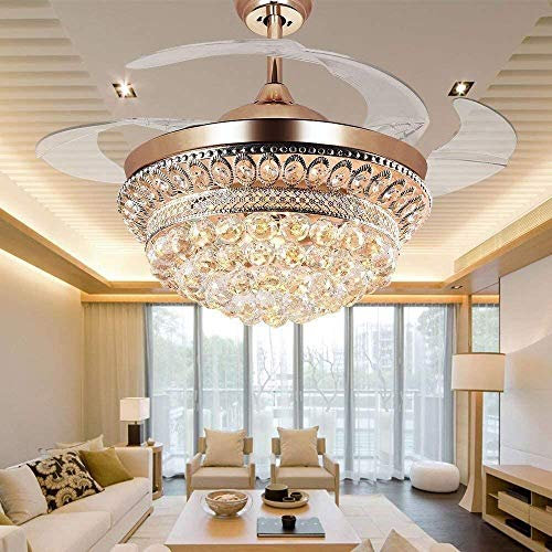 MORE CHANGE Bling Crystal Fan Chandelier, 42 Inch Rose Gold Chandelier Fans with Crystals, Retractable Fandelier Ceiling Fan with Light and Remote for Bedroom, Living Room, Dining Room