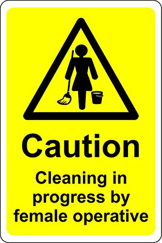 Caution cleaning in progress by female operatives toilet Safety sign - 3mm Aluminium sign 300mm x 200mm