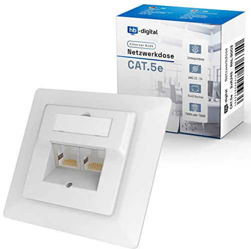 hb-digital 2X CAT 5e Netzwerkdose für CAT.7 CAT.6A CAT.6 CAT.5 Verlegekabel mit 2X RJ45 Port | Unterputz Datendose Universal EIA/TIA 568A&B 8P8C Gigabit Ethernet RAL9003 Signalweiß
