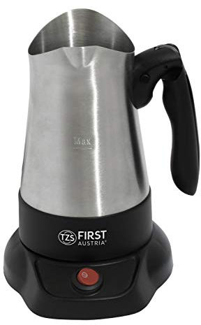 TZS First Austria Kaffeekocher, türkischer Mokkakocher für 0,35 L, auch als Wasserkocher verwendbar, mit ausklappbarem Handgriff, in Schwarz/Edelstahl, 800 W