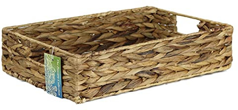 Shallow Rectangular Water Hyacinth baskets. Natural baskets light colour and with grey edges. Open trays for storage of paper, toys or books and magazines (42cm, Natural)
