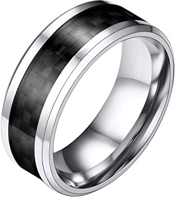 PROSTEEL Herren Trauring hochglanzpoliert Bandring Größe 59 Simpel Edelstahl 8mm breit Band Ring mit Kohlefaser Partnerring für Männer Modeschmuck Accessoire für Weihnachten