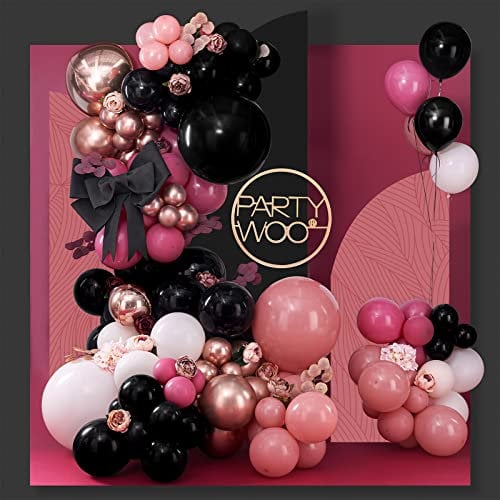 PartyWoo 140 pezzi Kit Arco Palloncini Rosa, Ghirlanda Palloncini Neri e Rosa Caldo con Palloncini 4D Oro Rosa, Palloncini Metallici Rosa Polvere per Decorazioni Compleanno, Nozze, Addio al Nubilato