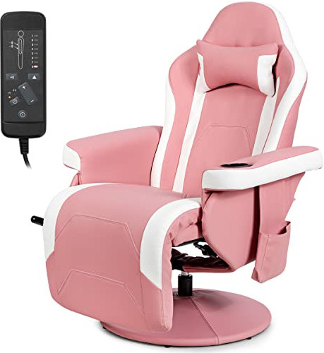CASART Massage Racing Chair, Ergonomic Recliner Swivel Gaming Chair with Footrest, Cup Holder & Armrest, Adjustable High Back Computer Desk Chair for Home Office (Pink + White)