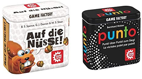 Game Factory 646273 Auf die Nüsse, das knackige Würfelspiel, Mini-Spiel in handlicher Metalldose, Reisespiel & 646214 Punto, Mini-Kartenspiel in handlicher Metalldose, Punkt zum Sieg