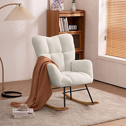 SHAIRMB Kleiner Schaukelstuhl Teddy-Stoff Segelflugstuhl,Bequem Gepolsterter Schaukelsessel mit hoher Rückenlehne,Bequemer Beistellstuhl für Schlafzimmer Büro Wohnzimmer