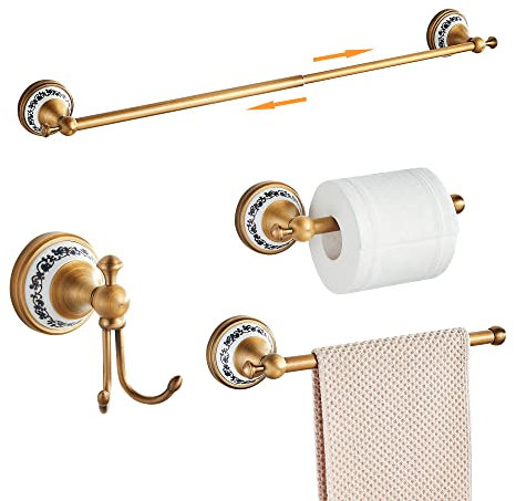Antike Bronze Badezimmer Hardware Set,Verstellbarer Handtuchhalter, Toilettenpapierhalter, Handtuchhalter, Haken,Gold Badezimmer Zubehör Set Wand