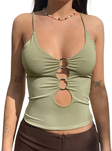 CHOUX Getailleerd Zomershirt voor dames met decoratieve ringen, effen cropped top met U-hals-Olive,S