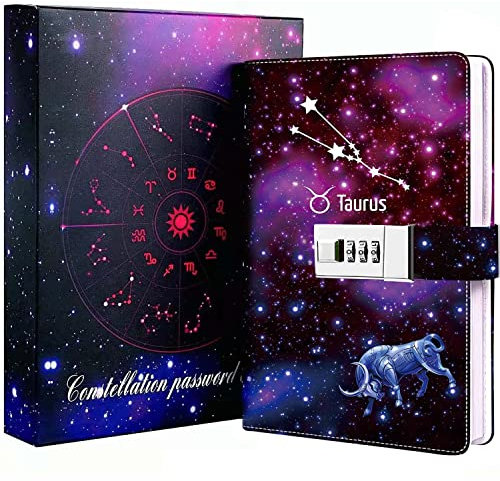 Dzhzal Tagebücher zum Einschreiben für Frauen Mädchen mit Schloss, Persönliches Sternbild Tagebuch für Frauen Kinder Jungen Teenager Abschließbares Leder Geschenkbox Notizbuch A5 8.5 x 6 Stier