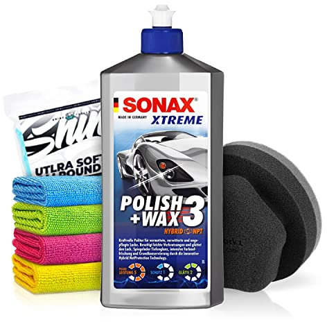 Politurset: SONAX XTREME Polish + Wax 3 Hybrid NPT (500ml) Auto Politur mit Hybrid NetProtection + Applikator + Mikrofasertücher | mühelos und schnell zum perfekten Polierergebnis | 6-teilig