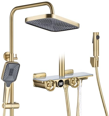 QREZAA Duschsystem Mit Thermostat, Wand-Duschset Mit LED-Digitalanzeige, 30x20 cm Duschkopf, 3-Funktions-Handbrause, Badewannenmischer Und Bidetbrause, HöHenverstellbar (GebüRstetes Gold)