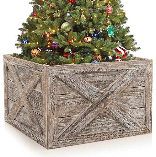 GYMAX Wooden Tree Collar Box, Christmas Tree Skirt Stand Cover with Hook and Loop Fasteners, Farmhouse Xmas Rustic Weathered Wood Decoration (60 x 57 x 37 cm, Grey)