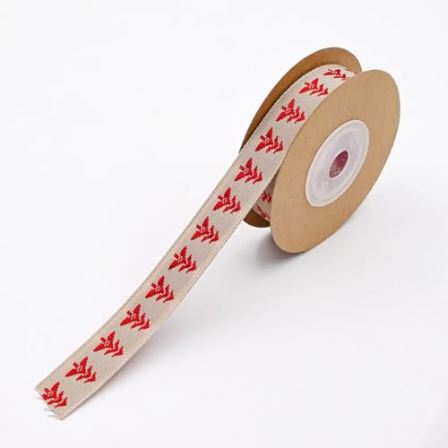15mm 5yard Red Tree Brown Cotton Linen Ribbon, Wrapping Rope Craft Cotton Merry Christmas Pattern for DIY Birthday Present Package Favor Party Decorations