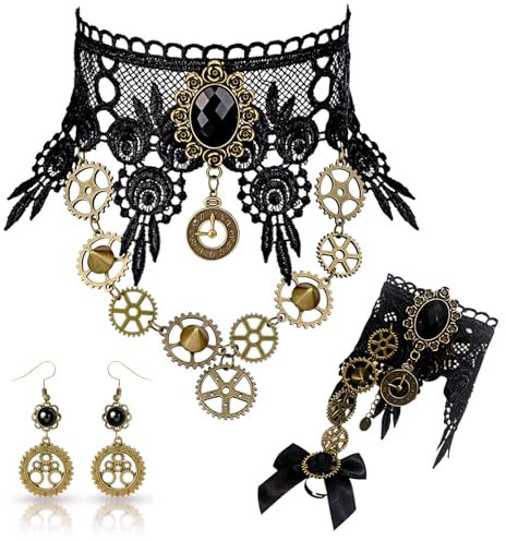 DUOLAM Steampunk Accessoires Gothic Damen: 3 Stück Schmuck Zahnräder Steampunk Halskette Set Spitze Vintage Anhänger Frauen Choker Ohrringe Armbänder für Cosplay Halloween Karneval Kostüm Maskerade