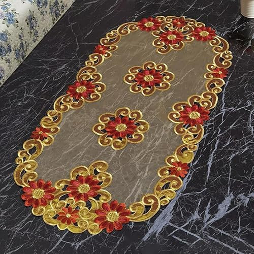 BBTISG Stickerei Tischläufer, 40 x 85cm Ovale Spitze Bestickte Tischdecke Vintage Vasen Pads für Zuhause, Garten, Hochzeit, Party Dekoration (Stil 1)