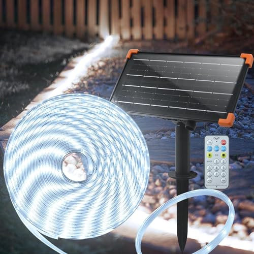 ZAIYW 15M Bande LED Solaire Extérieur, IP68 Étanche, avec Télécommande & Minuterie, Auto-adhésive & Découpable pour Camping, Piscine & Terrasse (Blanc Froid)